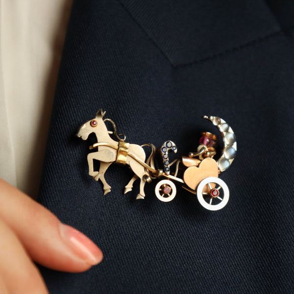 Antique Moonstone Crescent Horse Carriage Brooch in 14k Gold