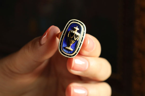 Antique British Urn Ring with Blue Enamel, 18th Century Jewelry