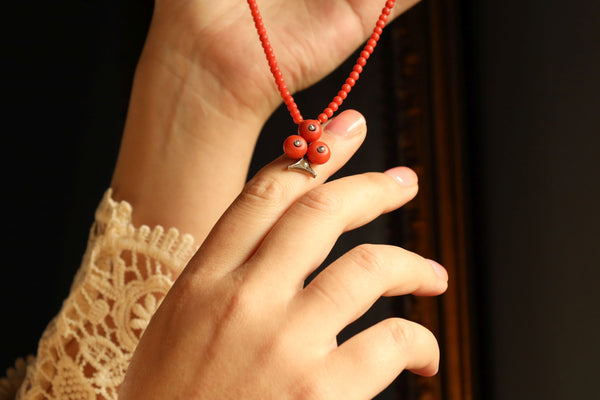 Antique Natural Coral Necklace with Trefoil Pendant