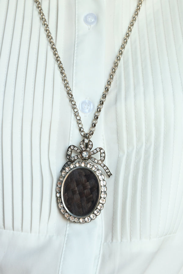 Antique Georgian Old Mine Cut Paste Bow Pendant with Woven Hair