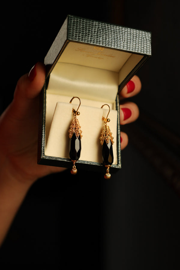 Antique Onyx Torpedo Earrings in Solid 14k Gold