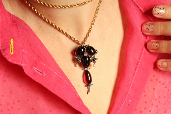 Antique Locket Pendant, Victorian Foiled Garnet Brooch