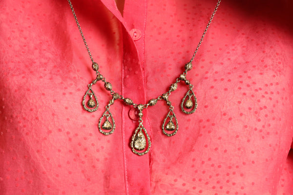 Antique Silver Diamond Fringe Necklace, Victorian Jewelry with Foiled Rose Cut Diamonds