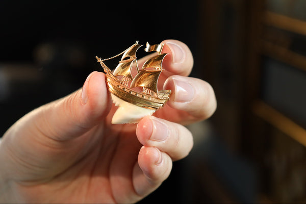 Antique Galleon Brooch with Tiger Shark Tooth in 18k Gold
