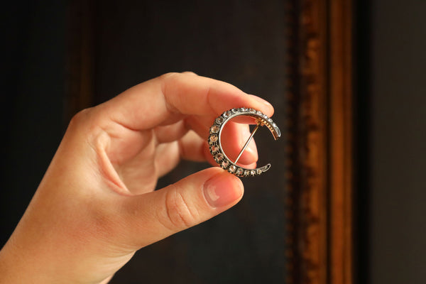Antique Crescent Moon Brooch with Rose Cut Diamonds