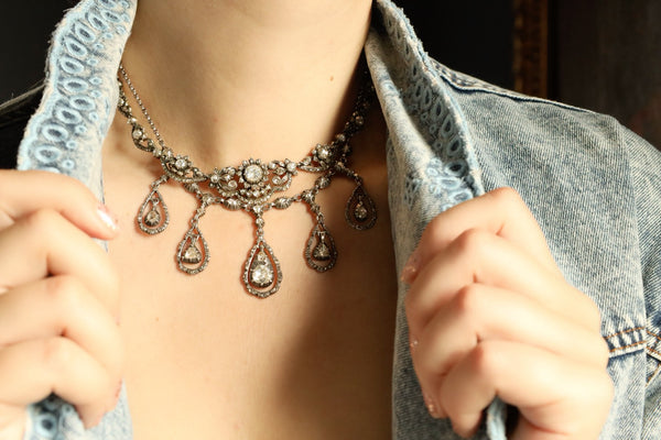 Antique Silver Diamond Fringe Necklace, Victorian Jewelry with Foiled Rose Cut Diamonds