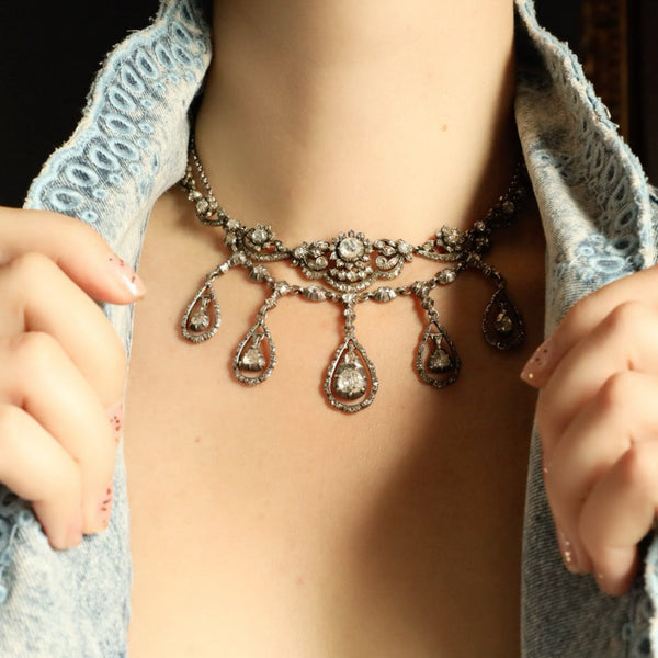 Antique Silver Diamond Fringe Necklace, Victorian Jewelry with Foiled Rose Cut Diamonds