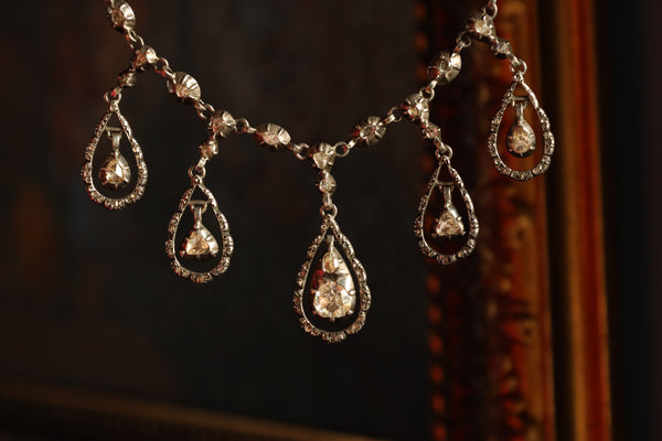 Antique Silver Diamond Fringe Necklace, Victorian Jewelry with Foiled Rose Cut Diamonds