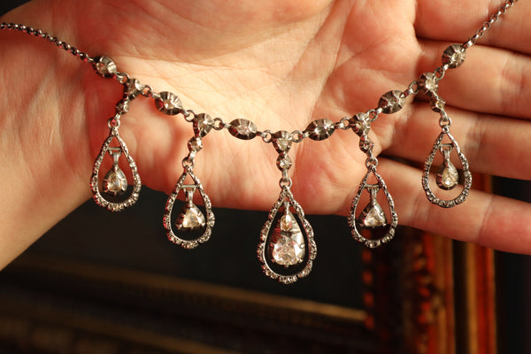 Antique Silver Diamond Fringe Necklace, Victorian Jewelry with Foiled Rose Cut Diamonds