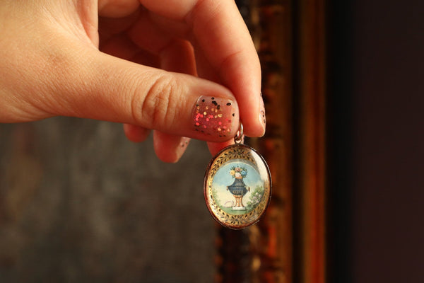 Antique French Verre Eglomise Miniature Locket Pendant, Collectible Jewelry