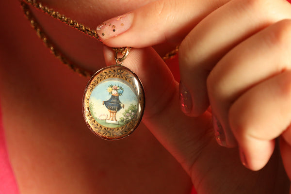 Antique French Verre Eglomise Miniature Locket Pendant, Collectible Jewelry