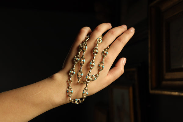Antique Victorian Gold Chain Necklace and Bracelet Set with Turquoise, Enamel and Pearls