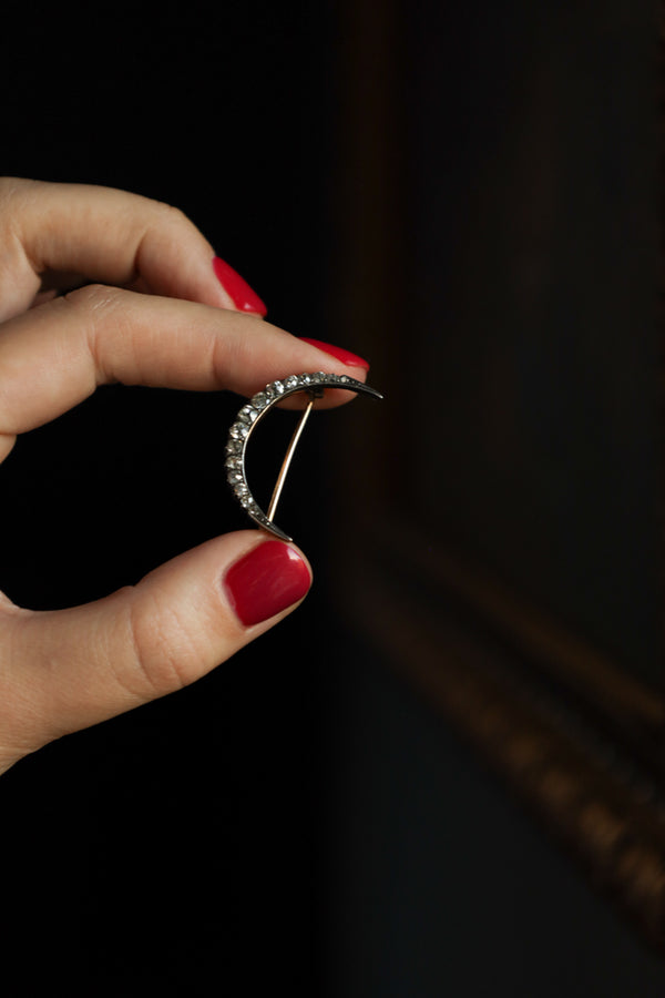 Antique Victorian Crescent Moon Brooch set with Old Mine Cut Diamond