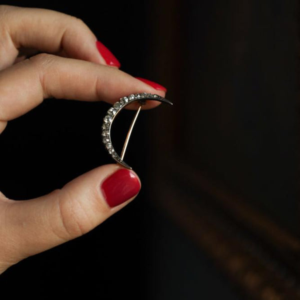 Antique Victorian Crescent Moon Brooch set with Old Mine Cut Diamonds