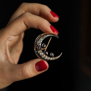 Antique Victorian Crescent Moon Brooch with Natural Ceylon Sapphires Old Cut Diamond