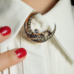 Antique Victorian Crescent Moon Brooch with Natural Ceylon Sapphires Old Mine Cut Diamonds
