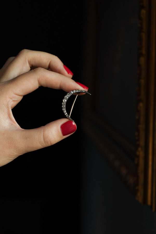 Antique Victorian Crescent Moon Brooch set with Old Mine Cut Diamonds