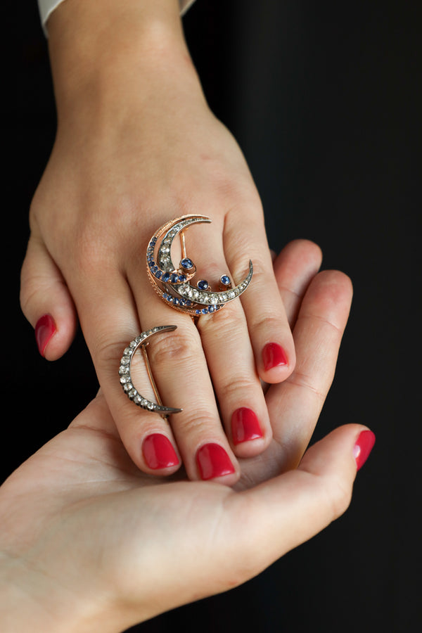 Antique Victorian Crescent Moon Brooch set with Old Mine Cut Diamonds
