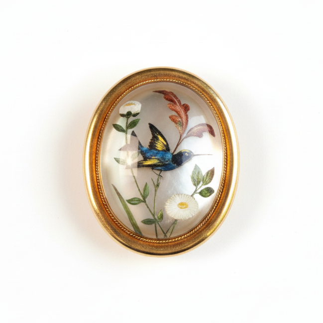 Antique Bird brooch with floral and butterfly design in a gold frame on a white background