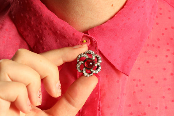 Antique Victorian Garnet Cabochon and Diamond Flower Brooch