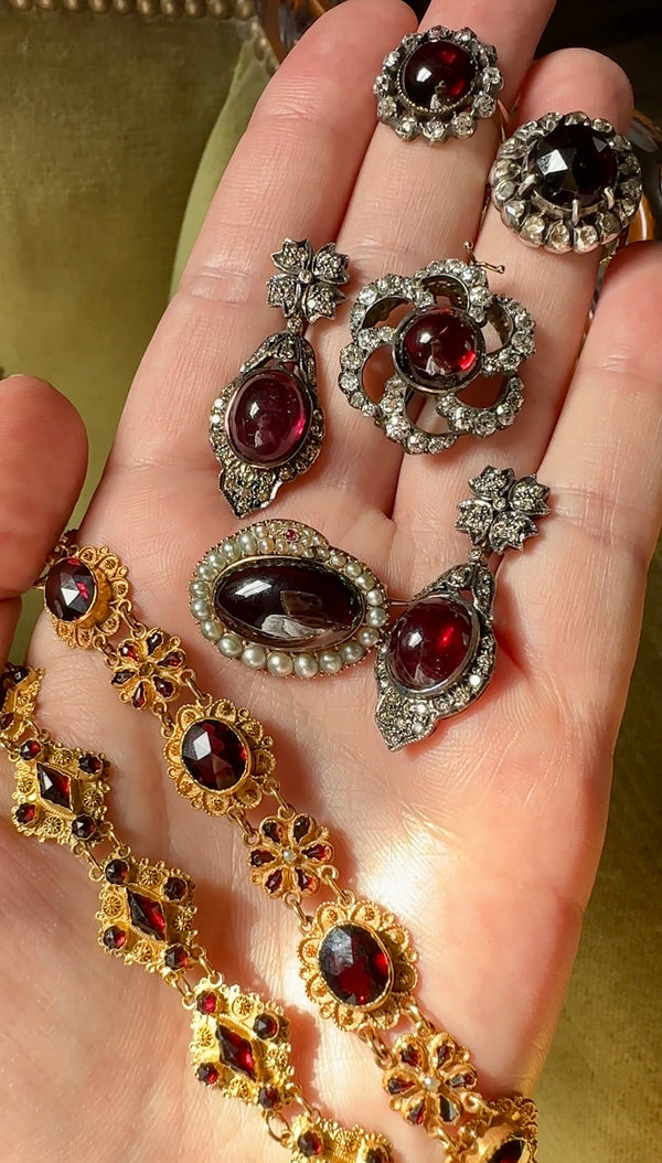 Antique Victorian Garnet Cabochon and Diamond Flower Brooch