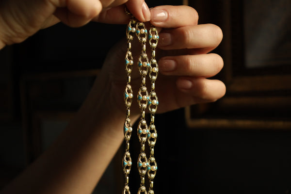 Antique Victorian Gold Chain Necklace and Bracelet Set with Turquoise, Enamel and Pearls