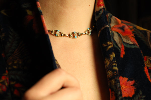 Antique Victorian Gold Chain Necklace and Bracelet Set with Turquoise, Enamel and Pearls