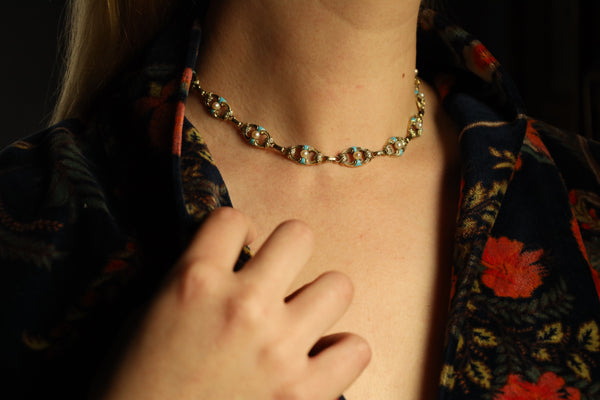 Antique Victorian Gold Chain Necklace and Bracelet Set with Turquoise, Enamel and Pearls