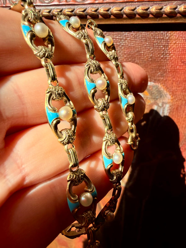 Antique Victorian Gold Chain Necklace and Bracelet Set with Turquoise, Enamel and Pearls