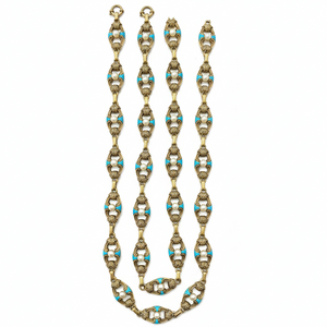 Antique Victorian Gold Chain Necklace and Bracelet Set with Turquoise, Enamel and Pearls