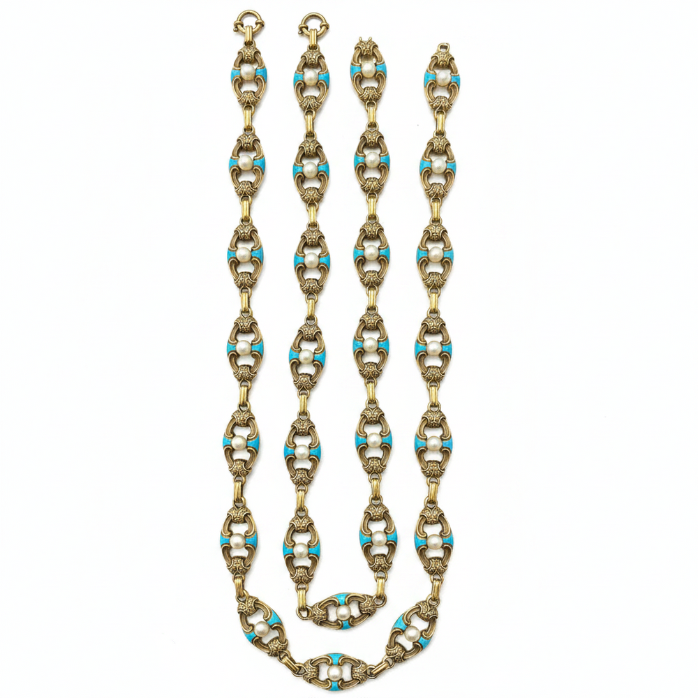 Antique Victorian Gold Chain Necklace and Bracelet Set with Turquoise, Enamel and Pearls