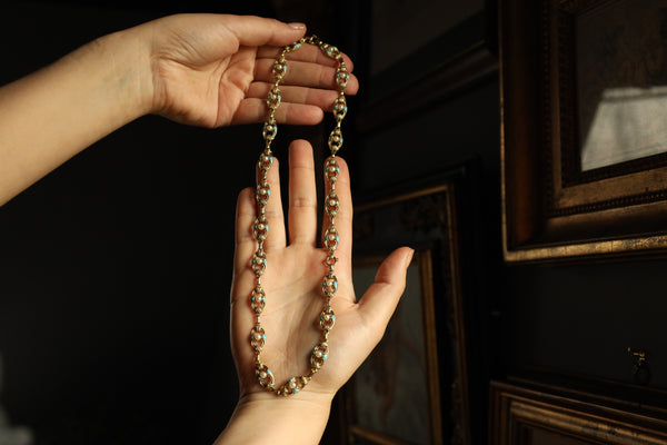 Antique Victorian Gold Chain Necklace and Bracelet Set with Turquoise, Enamel and Pearls