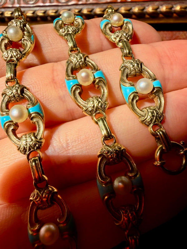 Antique Victorian Gold Chain Necklace and Bracelet Set with Turquoise, Enamel and Pearls