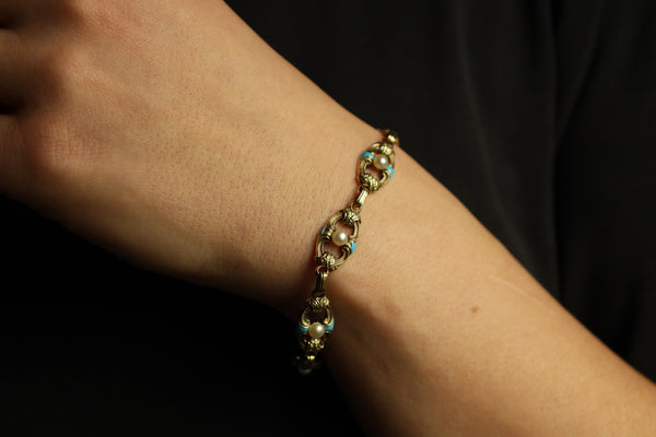 Antique Victorian Gold Chain Necklace and Bracelet Set with Turquoise, Enamel and Pearls