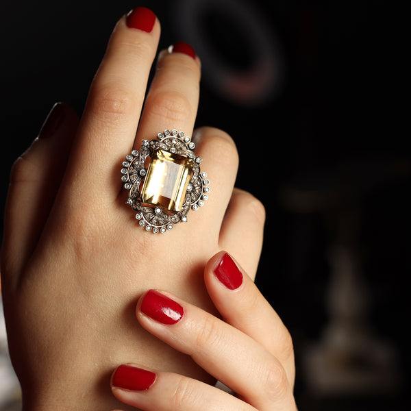 Antique HUGE 27CT Citrine and Diamond Ring