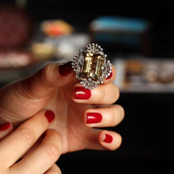 Antique HUGE 27CT Citrine and Diamond Ring