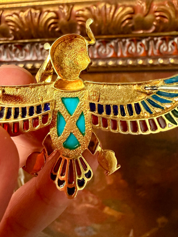 Art Deco Brooch, Egyptian Revival Jewelry: Enamel Lapel Pin in Solid 18k Gold