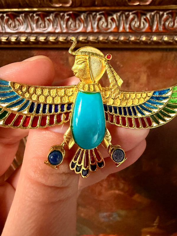Art Deco Brooch, Egyptian Revival Jewelry: Enamel Lapel Pin in Solid 18k Gold