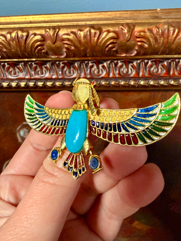 Art Deco Brooch, Egyptian Revival Jewelry: Enamel Lapel Pin in Solid 18k Gold