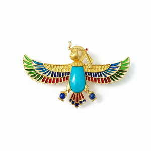 Art Deco Brooch, Egyptian Revival Jewelry: Enamel Lapel Pin in Solid 18k Gold