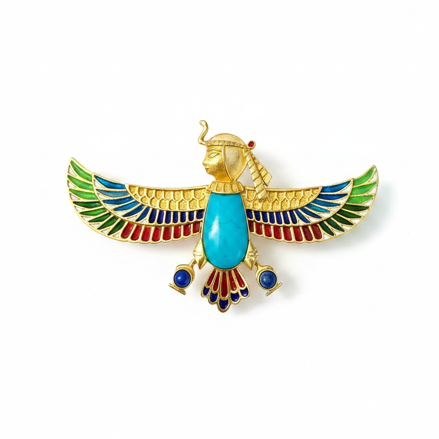 Art Deco Brooch, Egyptian Revival Jewelry: Enamel Lapel Pin in Solid 18k Gold