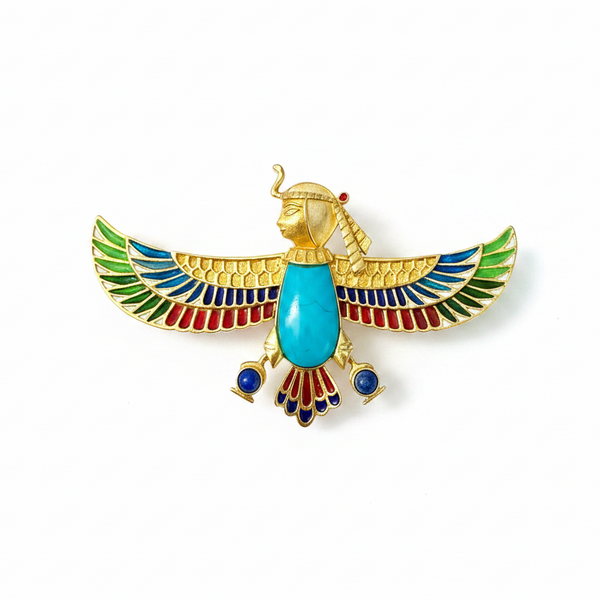 Art Deco Brooch, Egyptian Revival Jewelry: Enamel Lapel Pin in Solid 18k Gold