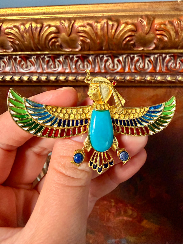 Art Deco Brooch, Egyptian Revival Jewelry: Enamel Lapel Pin in Solid 18k Gold