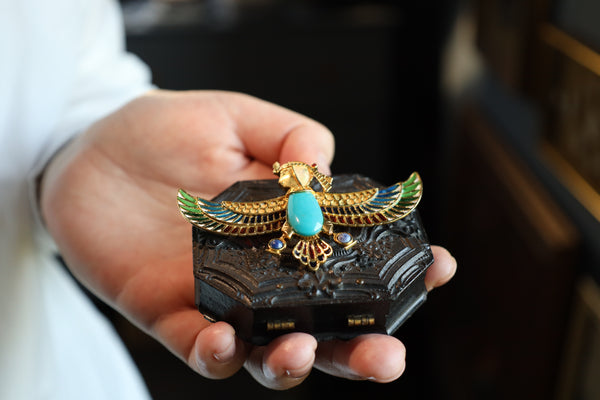 Art Deco Brooch, Egyptian Revival Jewelry: Enamel Lapel Pin in Solid 18k Gold