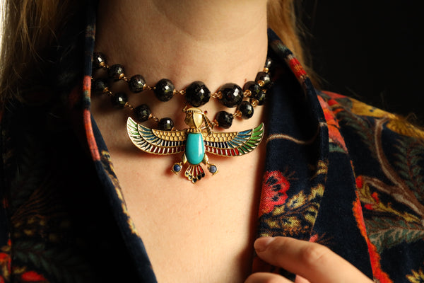 Art Deco Brooch, Egyptian Revival Jewelry: Enamel Lapel Pin in Solid 18k Gold