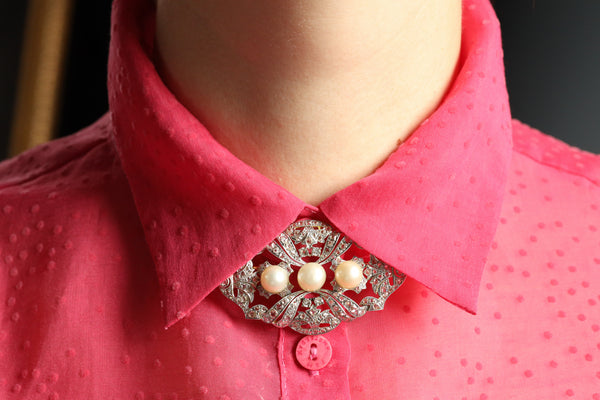 Art Deco Platinum Brooch with Rose Cut Diamonds and Natural Pearls