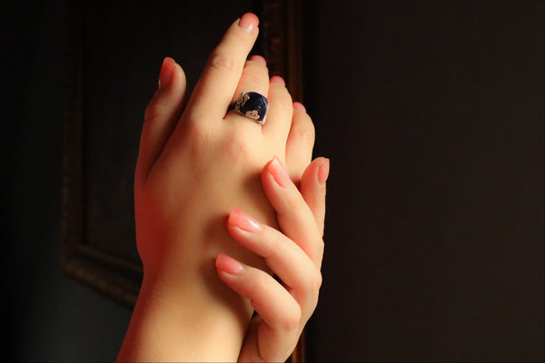 Art Deco Pyramid Ring with Carved Lapis Lazuli and Diamonds