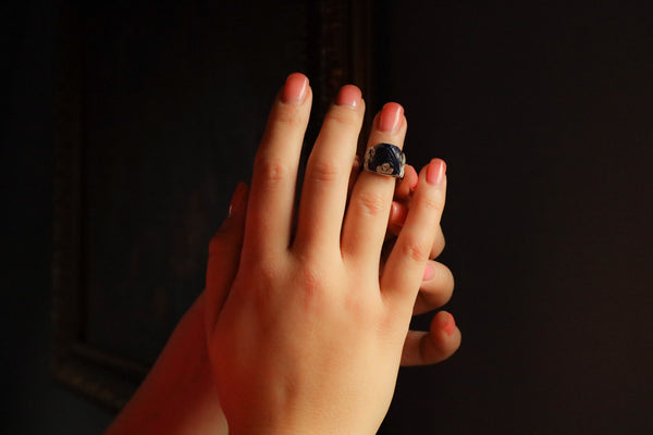 Art Deco Pyramid Ring with Carved Lapis Lazuli and Diamonds