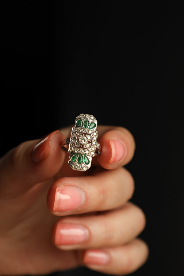 Art Deco Panel Emerald Ring with Diamonds in 18k White Gold