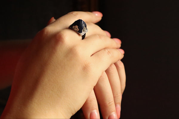 Art Deco Pyramid Ring with Carved Lapis Lazuli and Diamonds